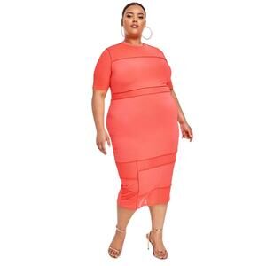 Nina Parker Coral Orange Pullover Mesh Crewneck Bodycon Midi Dress Plus 2X NWT